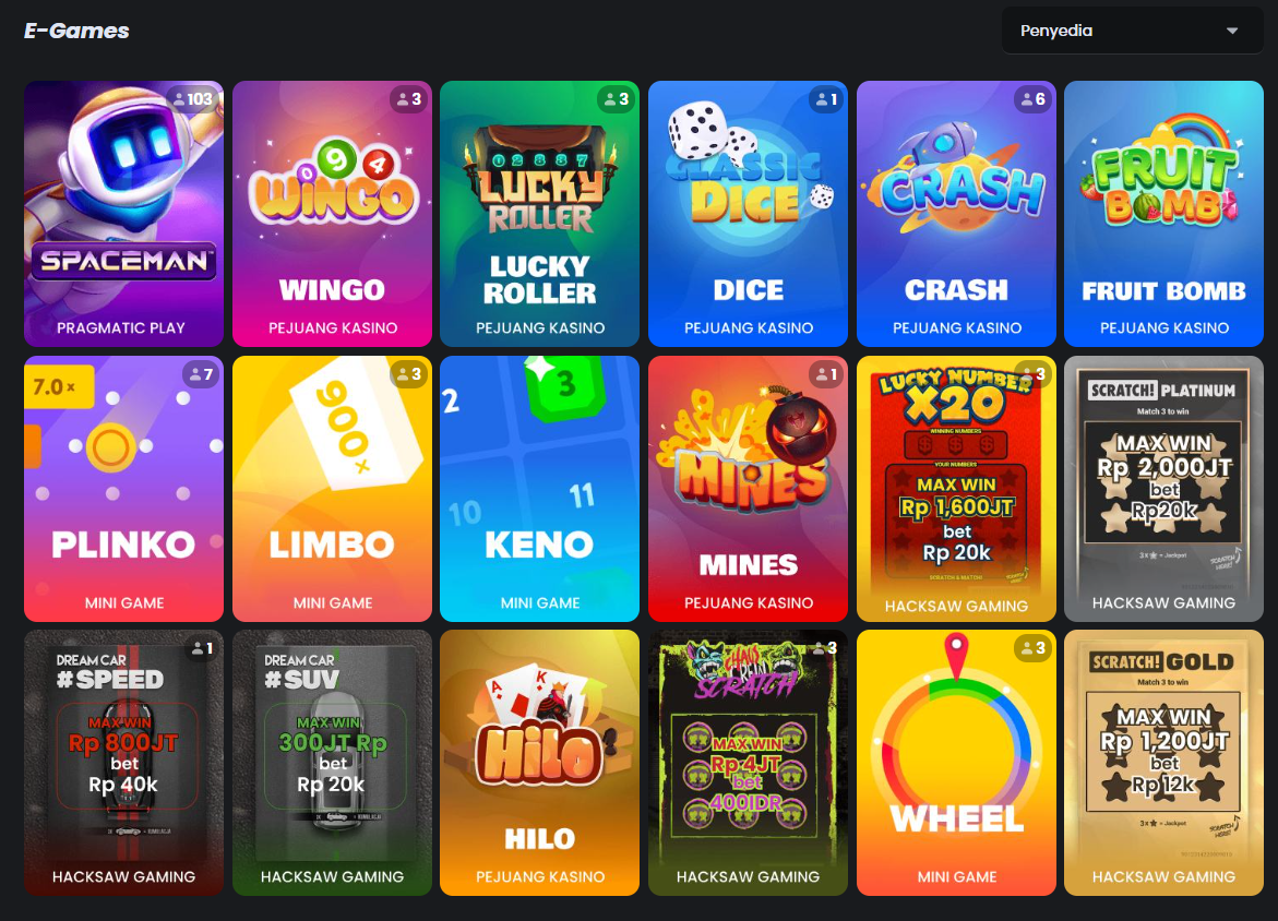 Tampilan halaman permainan e-games dengan berbagai pilihan game cepat