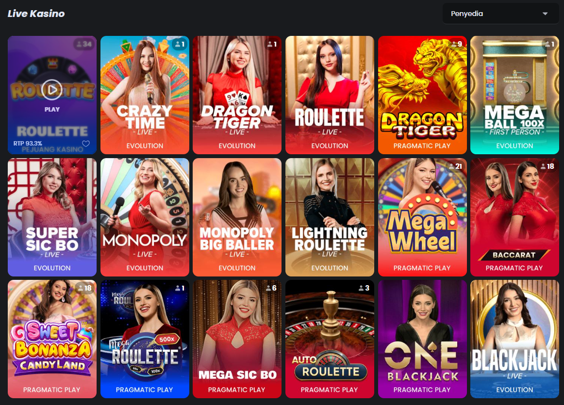 Tampilan halaman permainan live casino dengan dealer langsung