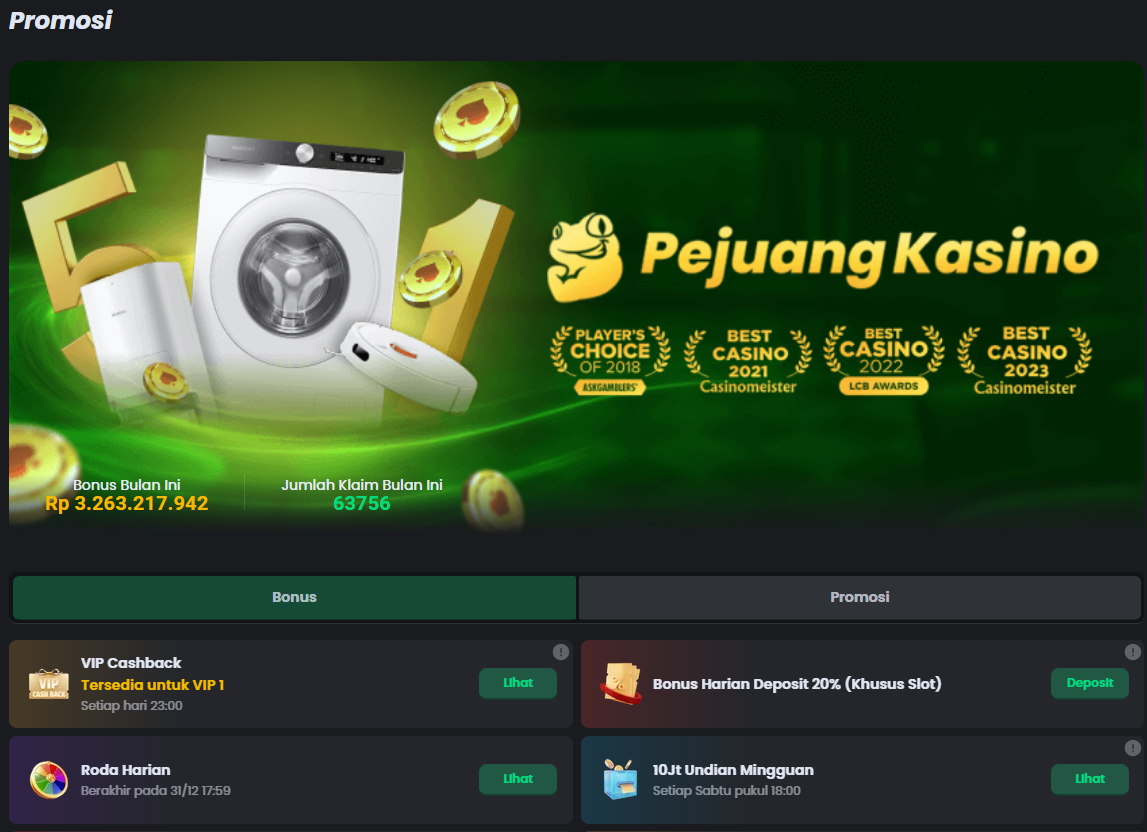 Halaman promosi dengan berbagai bonus dan penawaran menarik