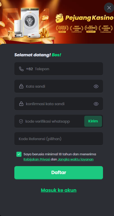 Formulir pendaftaran akun baru di platform kasino online
